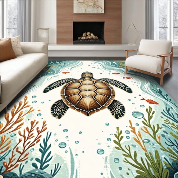 ODIKA 6'x9' Machine Washable Non-Slip Area Rug, Floor with Non Skid Support and Artistic Sea Inspired Print High Traffic Rug, Brown, 60370