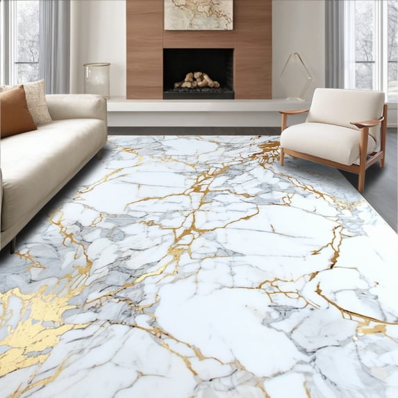 ODIKA 6'x9' Machine Washable Non-Slip Area Rug, Opulent Carrara Inspired Round with Metallic Gold Accent Veins High Traffic Rug, White, 87487