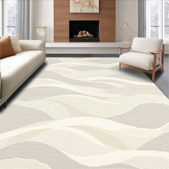 ODIKA 6' x 9' Machine Washable Non-Slip Area Rug, Contemporary Wave High Traffic Rug, Beige, 135702