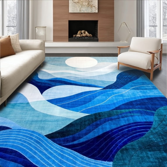 ODIKA 6'x9' Machine Washable Non-Slip Area Rug, Dynamic Geometric Waves in and Abstract Design High Traffic Rug, Blue, 217629