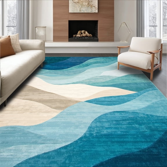 ODIKA 6'x9' Machine Washable Non-Slip Area Rug, Tranquil Oasis Scatter Abstract Ocean Wave High Traffic Rug, Blue, 49223
