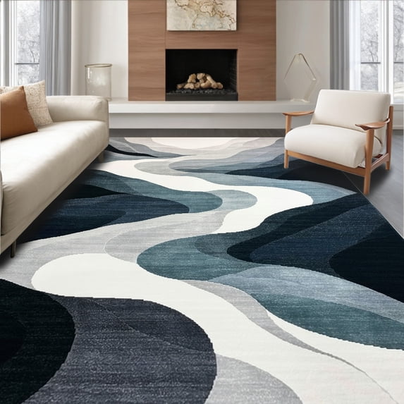 ODIKA 6'x9' Machine Washable Non-Slip Area Rug, Contemporary Wave with Flowing and Accent High Traffic Rug, Gray, 59882