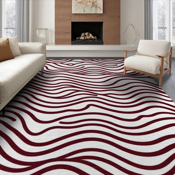 ODIKA 6'x9' Machine Washable Non-Slip Area Rug, Stylish Abstract Wavy Stripe Comfy Modern Throw High Traffic Rug, Maroon, 504673
