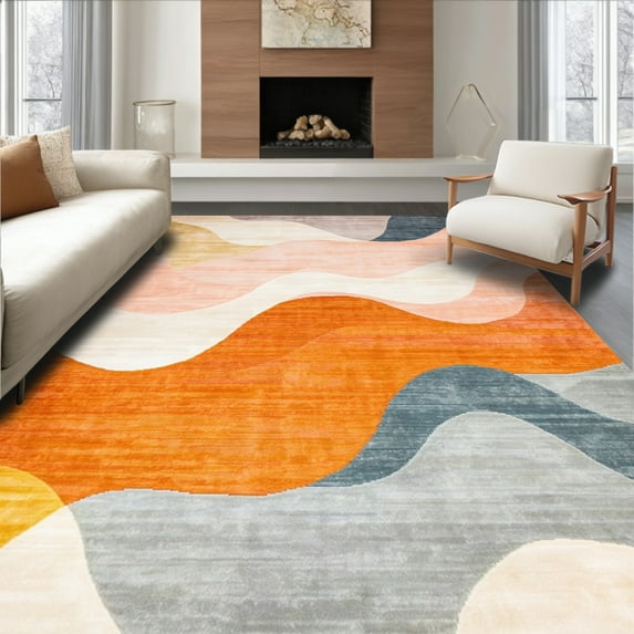 ODIKA 6' x 9' Machine Washable Non-Slip Area Rug, Contemporary Wave High Traffic Rug, Orange, 47547