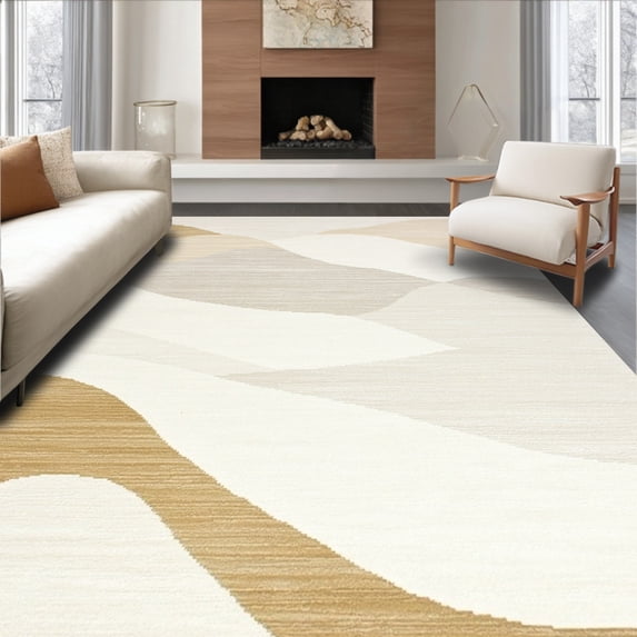 ODIKA 6' x 9' Machine Washable Non-Slip Area Rug, Contemporary Waves High Traffic Rug, Beige, 273472