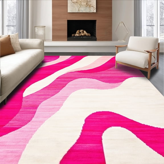 ODIKA 6' x 9' Machine Washable Non-Slip Area Rug, Contemporary Waves High Traffic Rug, Pink, 124640