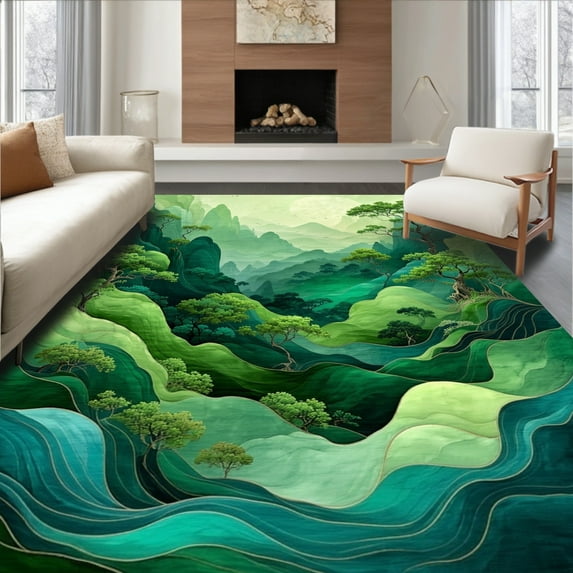 ODIKA 6'x9' Machine Washable Non-Slip Area Rug, Whimsical Irregular Shape Moss with Eclectic Aura Design High Traffic Rug, Green, 82631