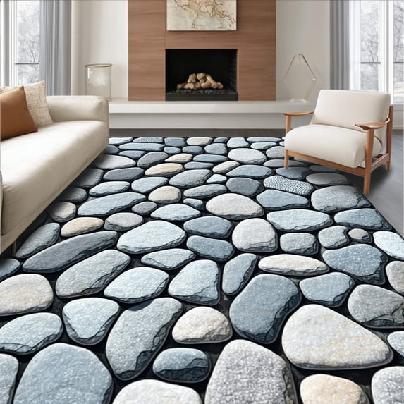 ODIKA 6'x9' Machine Washable Non-Slip Area Rug, Grey Pebble Natural Stone Inspired High Traffic Rug, Gray, 78925