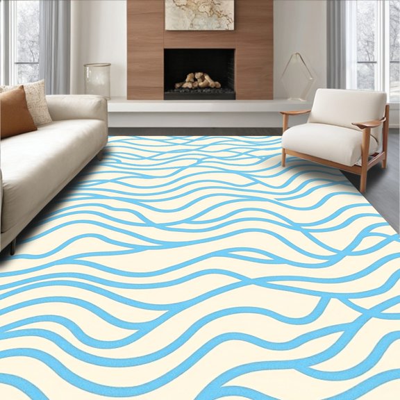 ODIKA 6'x9' Machine Washable Non-Slip Area Rug, Stylized Interlocking Wave with Smooth Flowing Lines High Traffic Rug, Blue, 339806
