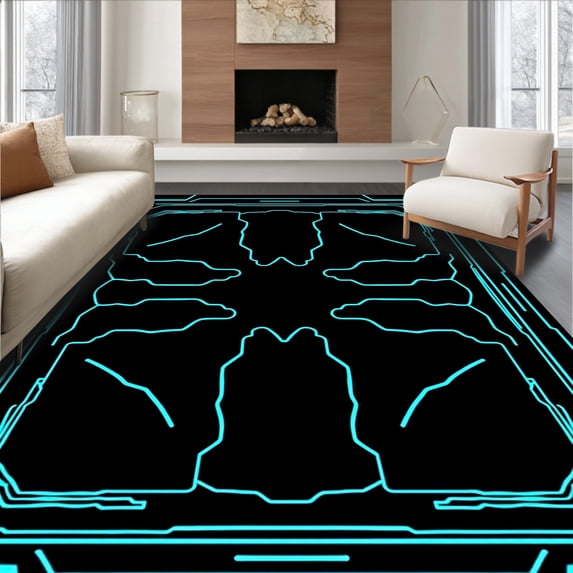 ODIKA 6'x9' Machine Washable Non-Slip Area Rug, Futuristic Circuit Trace with Abstract High Traffic Rug, Black, 427486