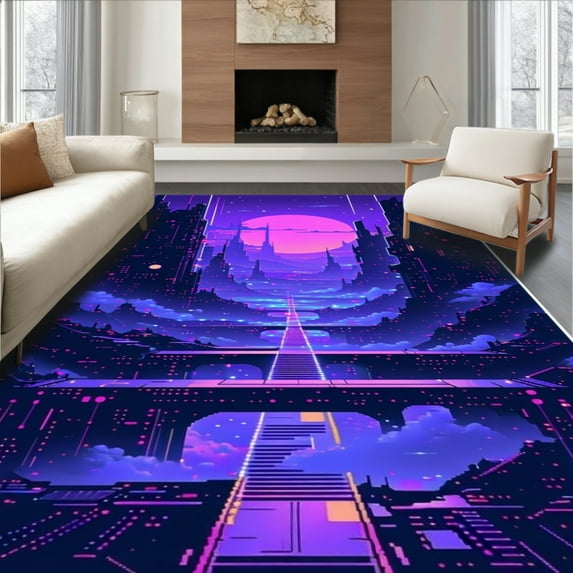ODIKA 6'x9' Machine Washable Non-Slip Area Rug, Cyberpunk City Futuristic Game Style High Traffic Rug, Purple, 85050