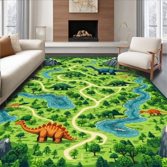 ODIKA 6'x9' Machine Washable Non-Slip Area Rug, Colorful Dinosaur Expedition Route High Traffic Rug, Green, 8478
