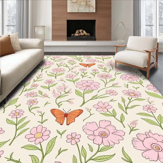 ODIKA 6' x 9' Machine Washable Non-Slip Area Rug, Floral Flower High Traffic Rug, Ivory, 323848