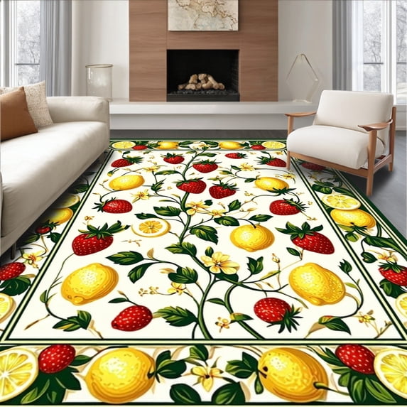 ODIKA 6' x 9' Machine Washable Non-Slip Area Rug, Floral Strawberry High Traffic Rug, White, 99045