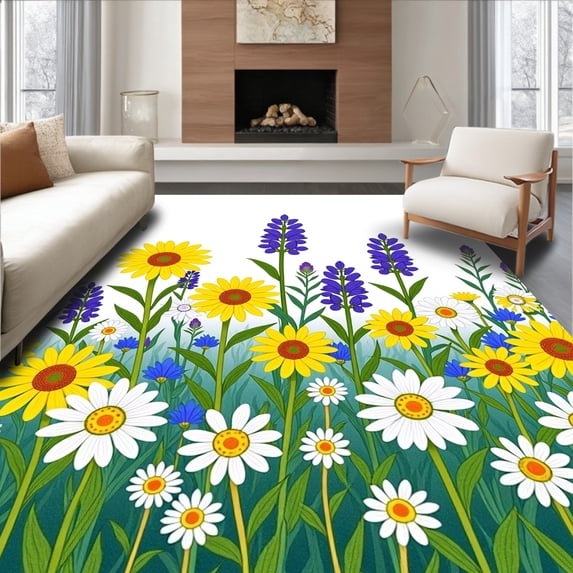 ODIKA 6' x 9' Machine Washable Non-Slip Area Rug, Floral Sunflower High Traffic Rug, Yellow, 624018