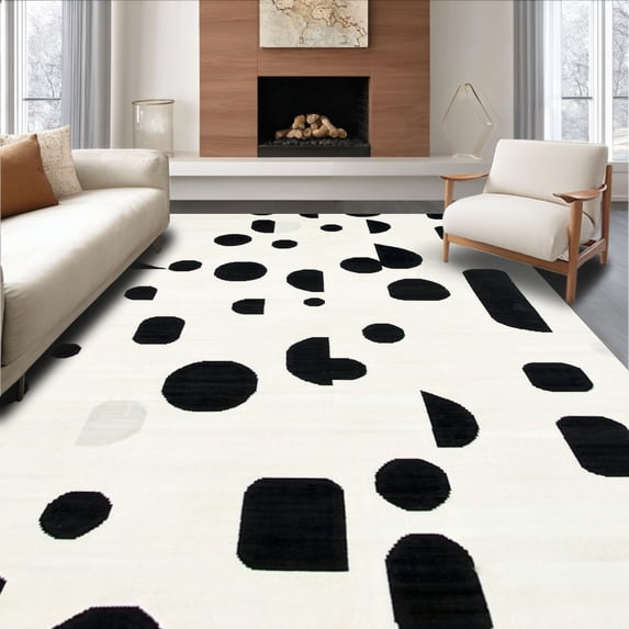 ODIKA 6'x9' Machine Washable Non-Slip Area Rug, Stylish Monochrome Abstract Design for Modern Spaces High Traffic Rug, Black, 121608