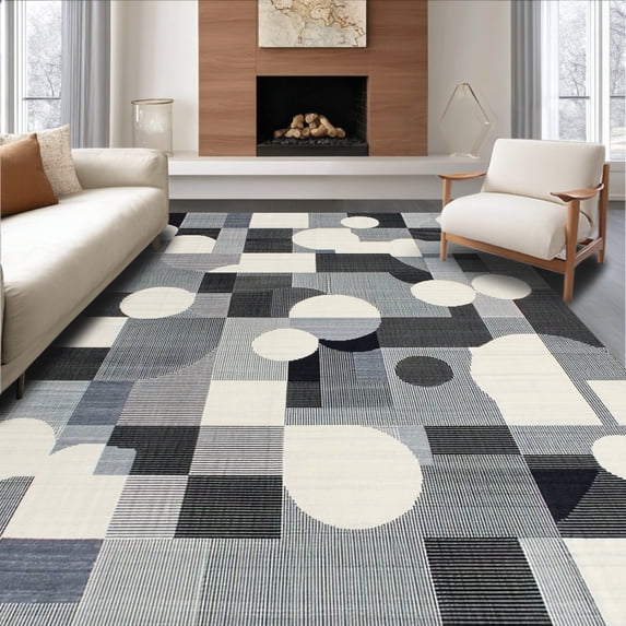 ODIKA 6'x9' Machine Washable Non-Slip Area Rug, Stylish Minimalist Abstract Featuring Layered Geometric Designs High Traffic Rug, Gray, 138433