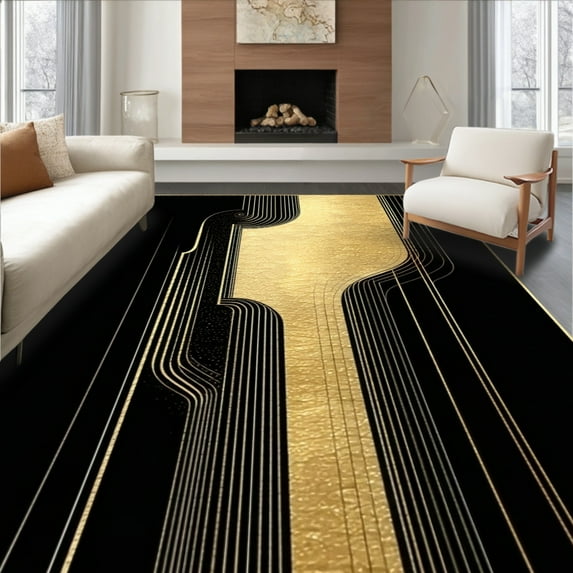 ODIKA 6'x9' Machine Washable Non-Slip Area Rug, Artistic Black Gold Guitar Strings Contemporary Music High Traffic Rug, Black, 86708