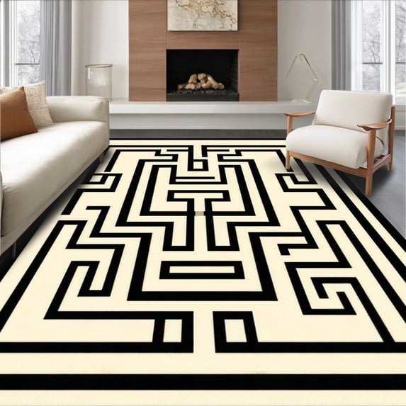 ODIKA 6'x9' Machine Washable Non-Slip Area Rug, Labyrinth Lines Black & Beige Greek Key High Traffic Rug, Beige, 52154