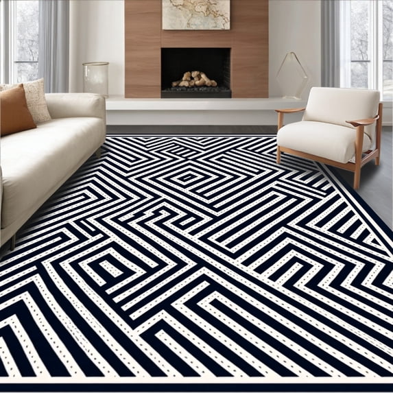 ODIKA 6' x 9' Machine Washable Non-Slip Area Rug, Geometric Maze High Traffic Rug, Black, 549658