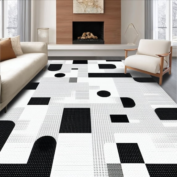 ODIKA 6'x9' Machine Washable Non-Slip Area Rug, Unique Black and Modern Abstract with Asymmetrical High Traffic Rug, Black, 138434