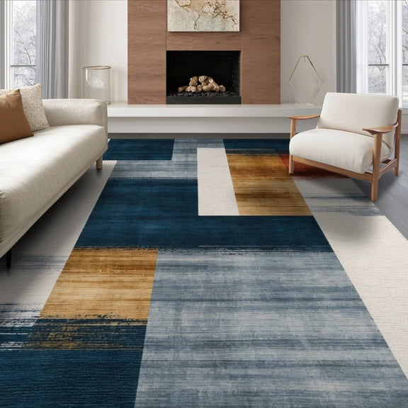 ODIKA 6'x9' Machine Washable Non-Slip Area Rug, Eclectic Funky Ink Wash Design Abstract in Multi Tone High Traffic Rug, Blue, 47543