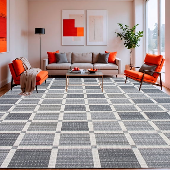 ODIKA 6' x 9' Machine Washable Non-Slip Area Rug, Geometric Square High Traffic Rug, Gray, 146791