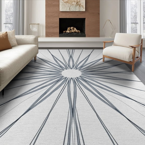 ODIKA 6'x9' Machine Washable Non-Slip Area Rug, Celestial Starburst Medallion Plush Decorative Accent High Traffic Rug, Gray, 480850