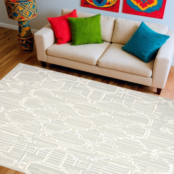 ODIKA 6'x9' Machine Washable Non-Slip Area Rug, Modern Cream Geo High Traffic Rug, Beige, 262455