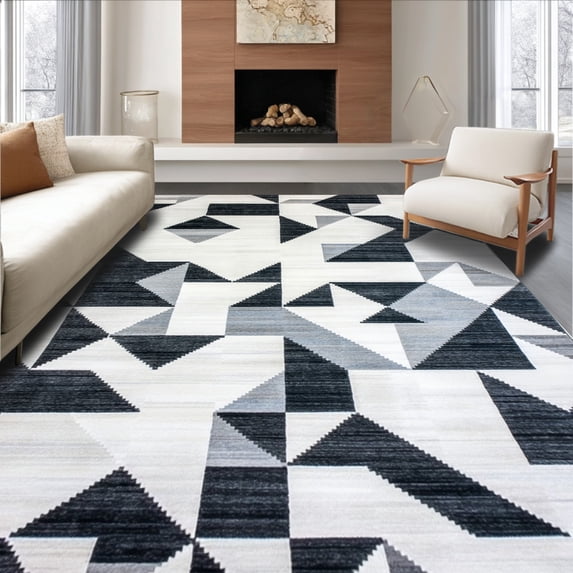 ODIKA 6'x9' Machine Washable Non-Slip Area Rug, Contemporary Black & Grey Triangular Motif High Traffic Rug, Gray, 138436