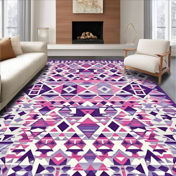 ODIKA 6'x9' Machine Washable Non-Slip Area Rug, Boho Triangle Colorful Geometric High Traffic Rug, Purple, 138449