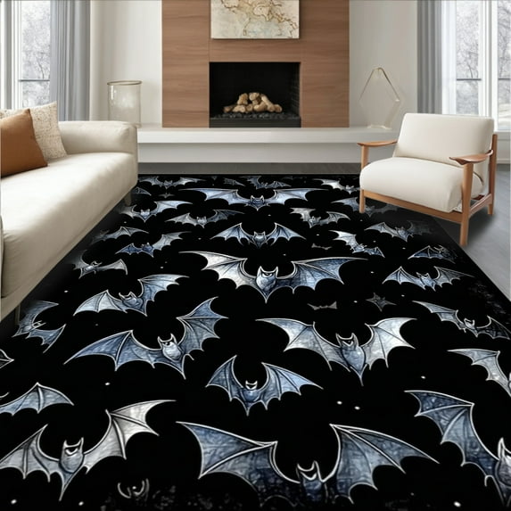 ODIKA 6'x9' Machine Washable Non-Slip Area Rug, Spooky Monochrome Winged Creatures High Traffic Rug, Black, 29623
