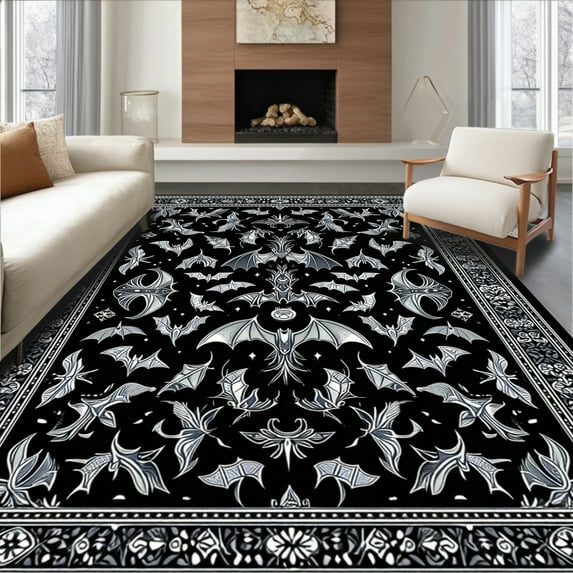 ODIKA 6'x9' Machine Washable Non-Slip Area Rug, Chic Macabre Bat Aesthetic High Traffic Rug, Black, 29626