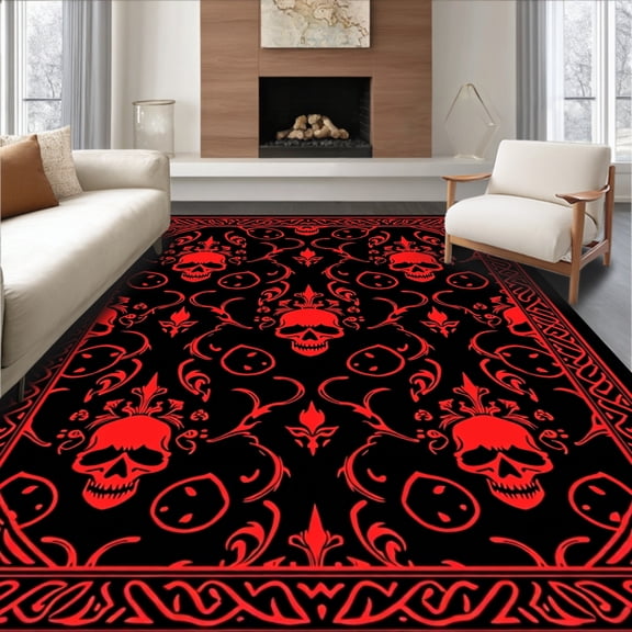ODIKA 6' x 9' Machine Washable Non-Slip Area Rug, Gothic skull High Traffic Rug, Black, 577999