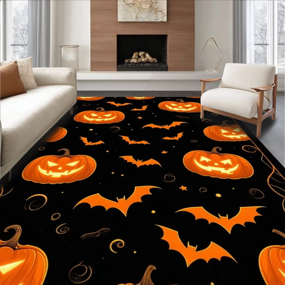 ODIKA 6' x 9' Machine Washable Non-Slip Area Rug, Halloween Jack-o-lantern High Traffic Rug, Orange, 59887
