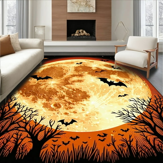 ODIKA 6' x 9' Machine Washable Non-Slip Area Rug, Halloween Moon High Traffic Rug, Orange, 101395