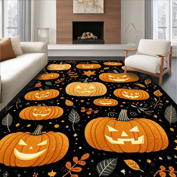 ODIKA 6'x9' Machine Washable Non-Slip Area Rug, Halloween Themed Round with Stylized Pumpkin and Lettering Motifs High Traffic Rug, Orange, 276686