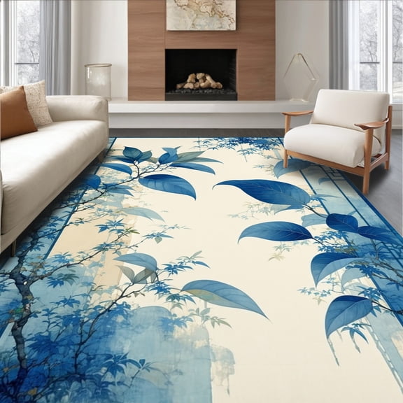 ODIKA 6' x 9' Machine Washable Non-Slip Area Rug, Japanese Leaf High Traffic Rug, Blue, 66174