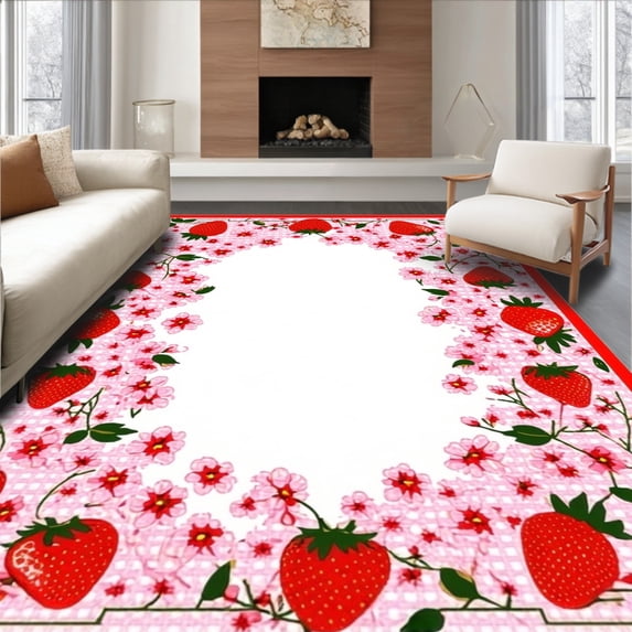 ODIKA 6' x 9' Machine Washable Non-Slip Area Rug, Kawaii Strawberry High Traffic Rug, Pink, 26570
