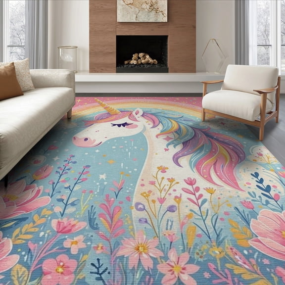 ODIKA 6'x9' Machine Washable Non-Slip Area Rug, Unicorn Rainbow for Little Girl Room Pink High Traffic Rug, Pink, 47696