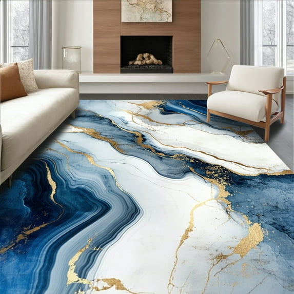 ODIKA 6'x9' Machine Washable Non-Slip Area Rug, Contemporary Marble Inspired with Swirling Grey and Sapphire Hues High Traffic Rug, Blue, 109847