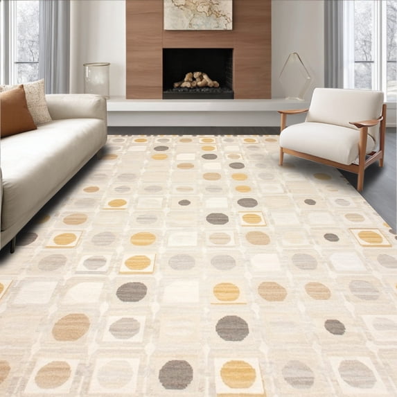 ODIKA 6' x 9' Machine Washable Non-Slip Area Rug, Mid-Century Circle High Traffic Rug, Beige, 215963