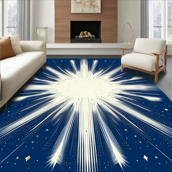 ODIKA 6'x9' Machine Washable Non-Slip Area Rug, Joyful Christmas Geometric Starburst Celebration High Traffic Rug, Blue, 87695