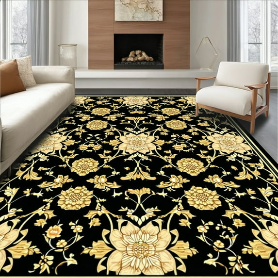 ODIKA 6'x9' Machine Washable Non-Slip Area Rug, Timeless Black Floral Elegance High Traffic Rug, Gold, 27154