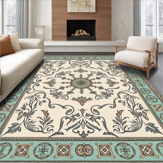ODIKA 6' x 9' Machine Washable Non-Slip Area Rug, Middle Eastern Medallion High Traffic Rug, Beige, 320369