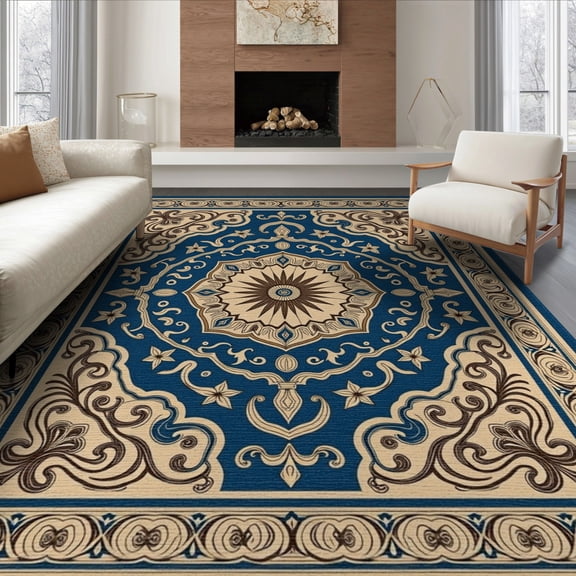 ODIKA 6'x9' Machine Washable Non-Slip Area Rug, Classic Oriental Motif with Intricate Swirls and Bold Details High Traffic Rug, Beige, 404528