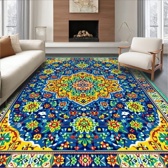 ODIKA 6'x9' Machine Washable Non-Slip Area Rug, Vibrant Mexican Talavera Tile with Colorful Pottery and Floral Designs High Traffic Rug, Blue, 66201