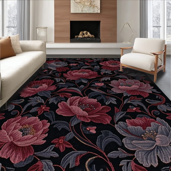 ODIKA 6' x 9' Machine Washable Non-Slip Area Rug, Middle Eastern Peony High Traffic Rug, Black, 215275