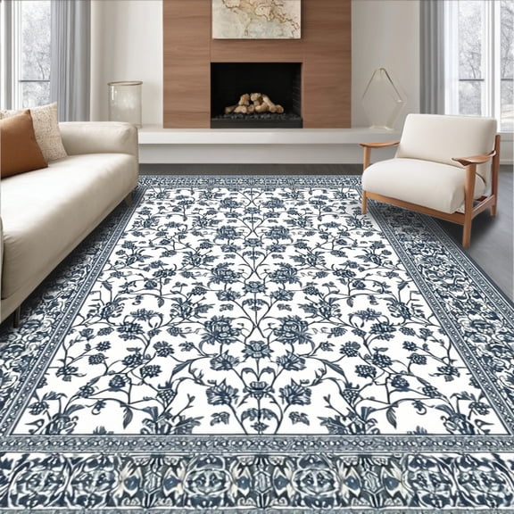 ODIKA 6' x 9' Machine Washable Non-Slip Area Rug, Middle Eastern Vine High Traffic Rug, Blue, 61843