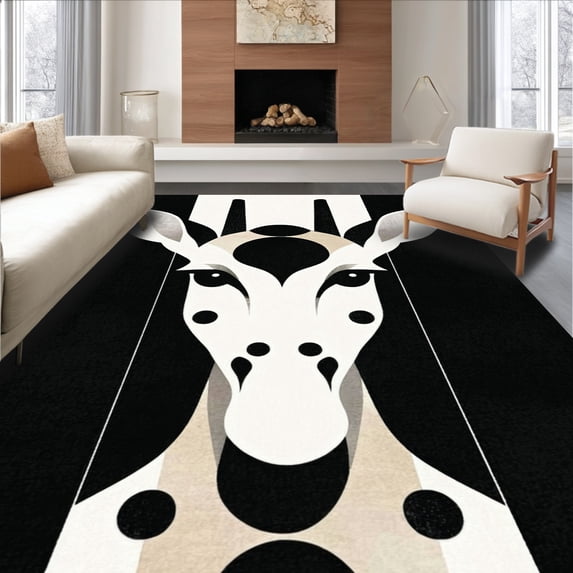 ODIKA 6'x9' Machine Washable Non-Slip Area Rug, Modern Wildlife Art Abstract Black & Okapi High Traffic Rug, Black, 121856
